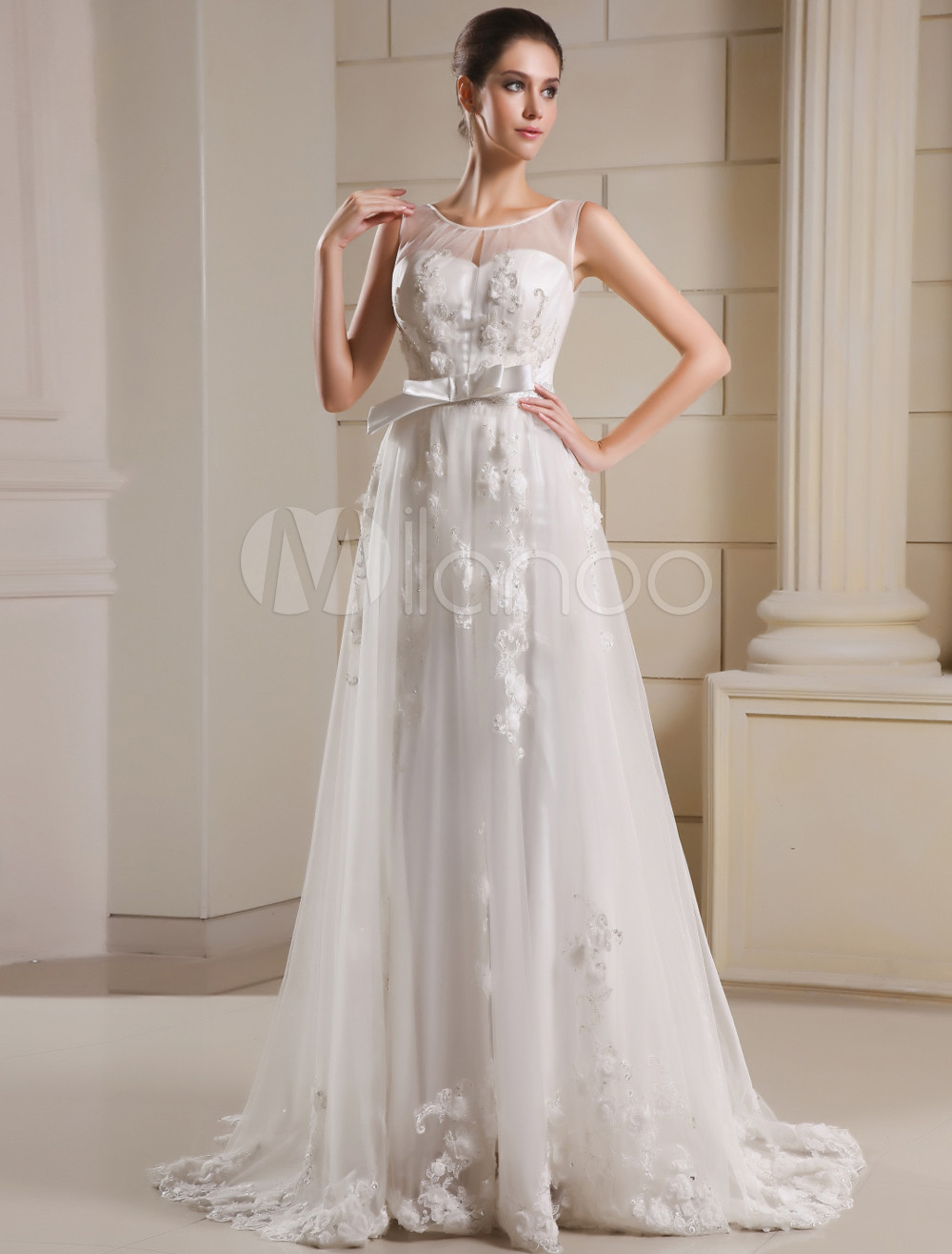 A Line Peter Pan Collar Sweep Ivory Tulle Bow Bridal Dress