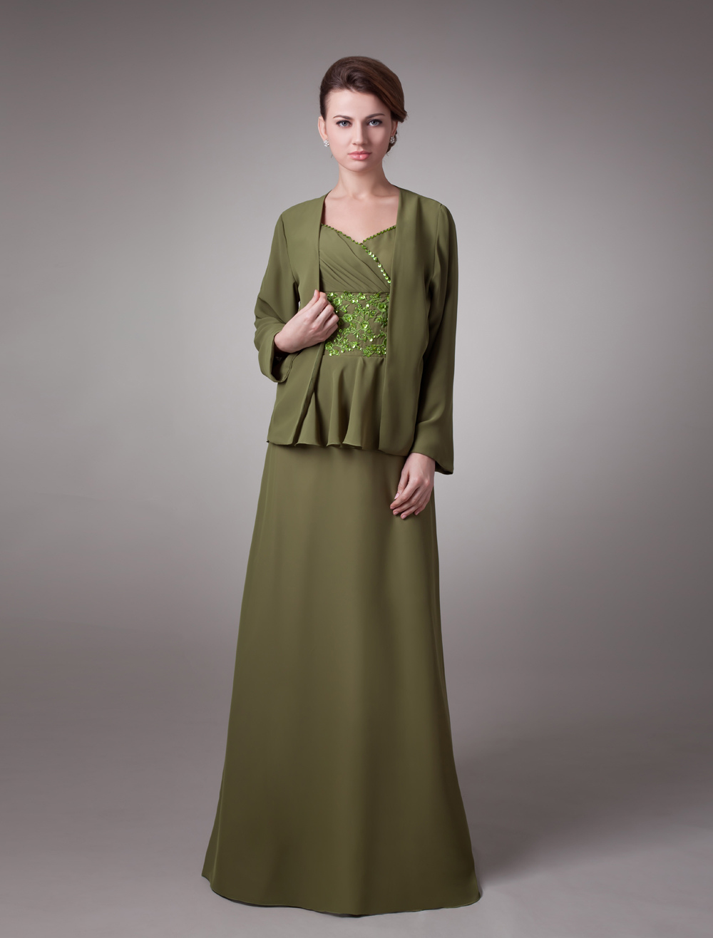 Green 2-Piece Spaghetti Sweetheart Satin Chiffon Mother Of Bride And ...